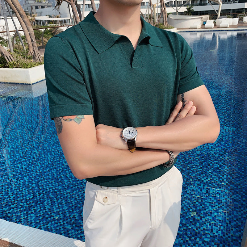 Summer Short-Sleeved Polo Shirt with Knit Lapel