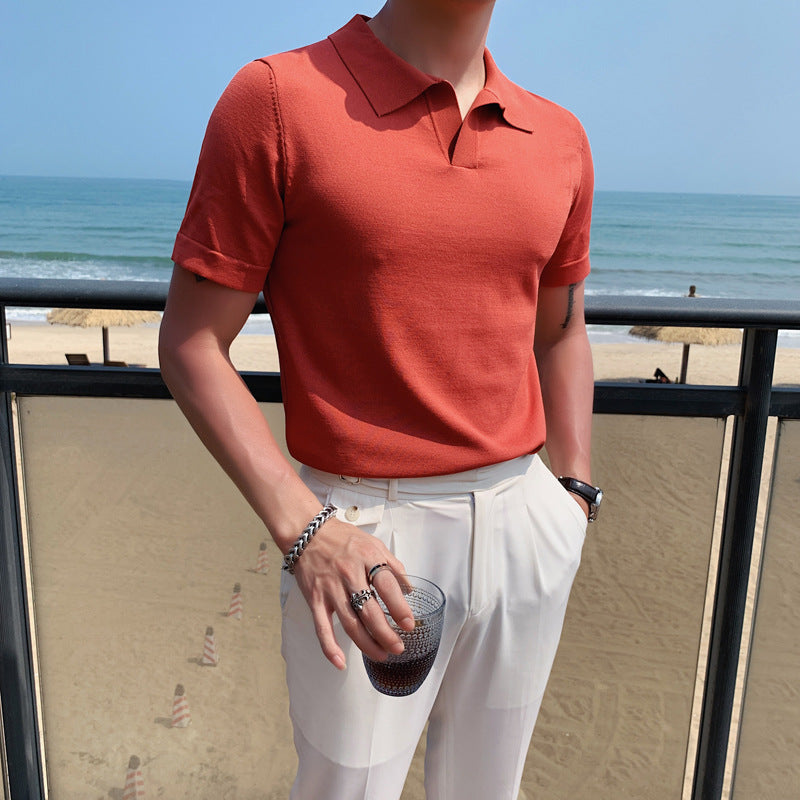 Summer Short-Sleeved Polo Shirt with Knit Lapel